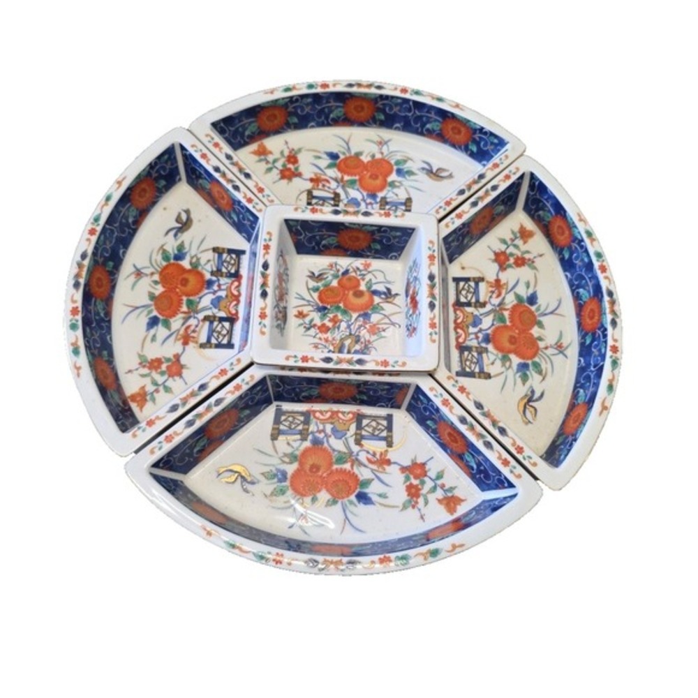 Japanese Imari Style 5 Section Ceramic Porcelain Lazy Susan Carousel Tray 14.5"